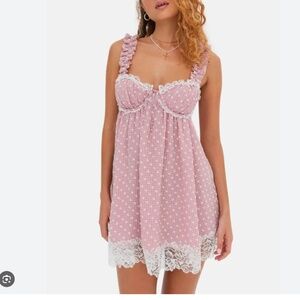 FOR LOVE AND LEMONS Melanie Pink Lace Babydoll Dress L Large NWT NEW